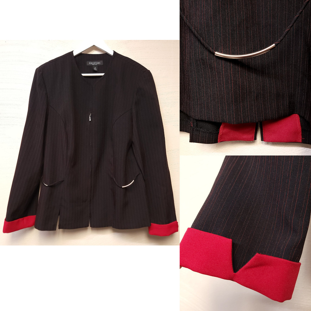 Perceptions Zip Blazer Womens Size 14 Black Red Suit Top Jacket Pin Stripe Suit
